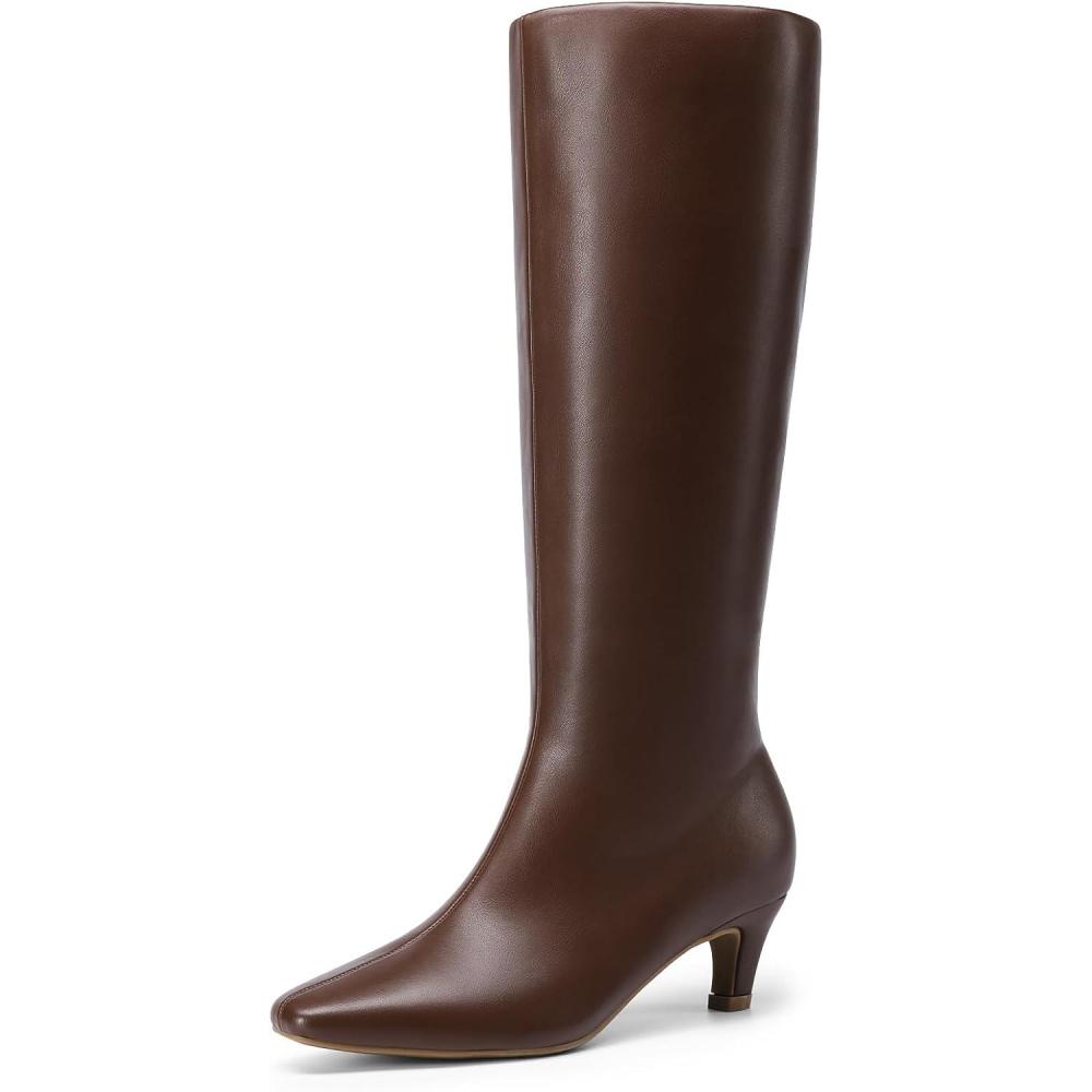 imageDREAM PAIRS Women Knee High Boots 2 Inch Kitten Heel Fashion Square Toe Wide Calf Long BootsBrown