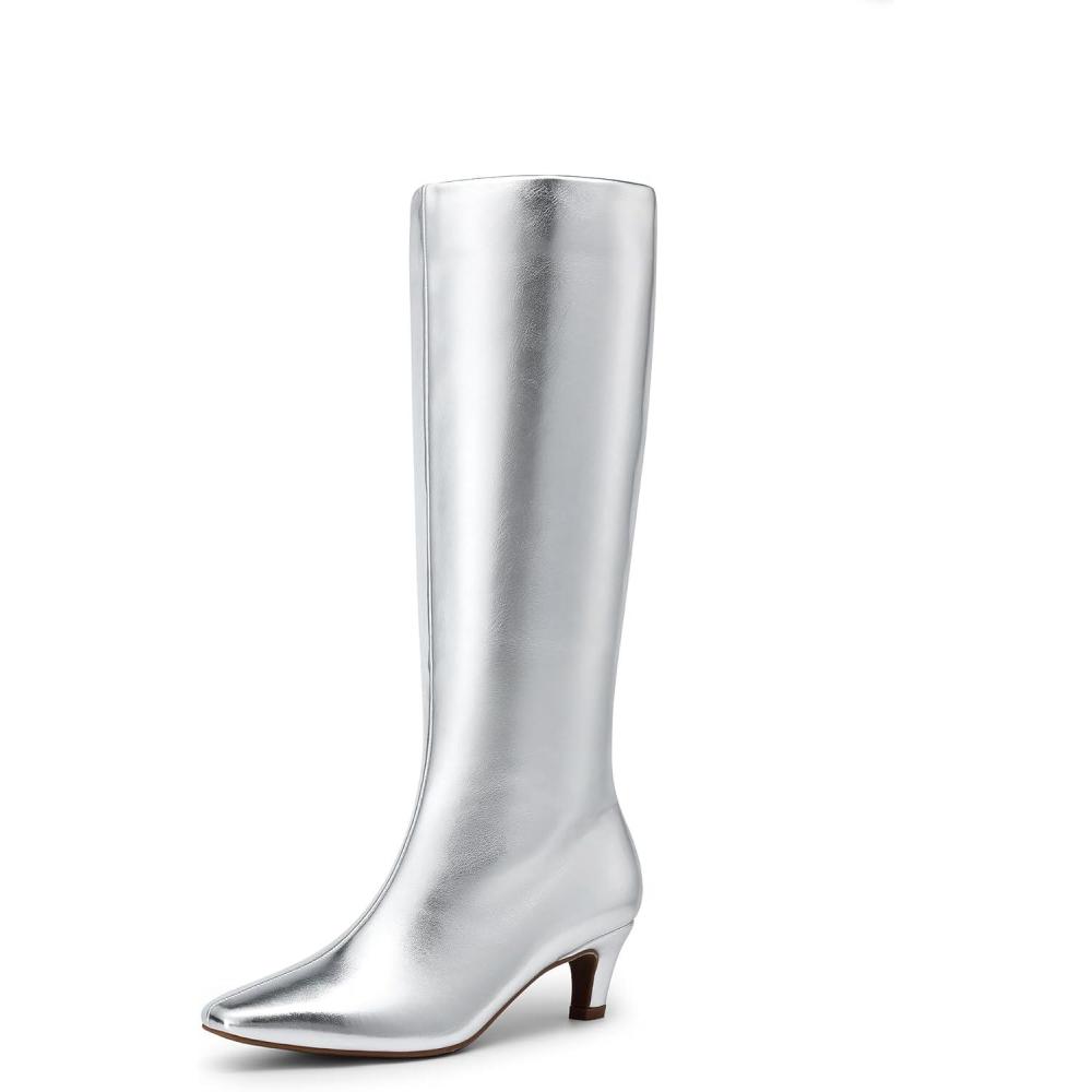 imageDREAM PAIRS Women Knee High Boots 2 Inch Kitten Heel Fashion Square Toe Wide Calf Long BootsSilver