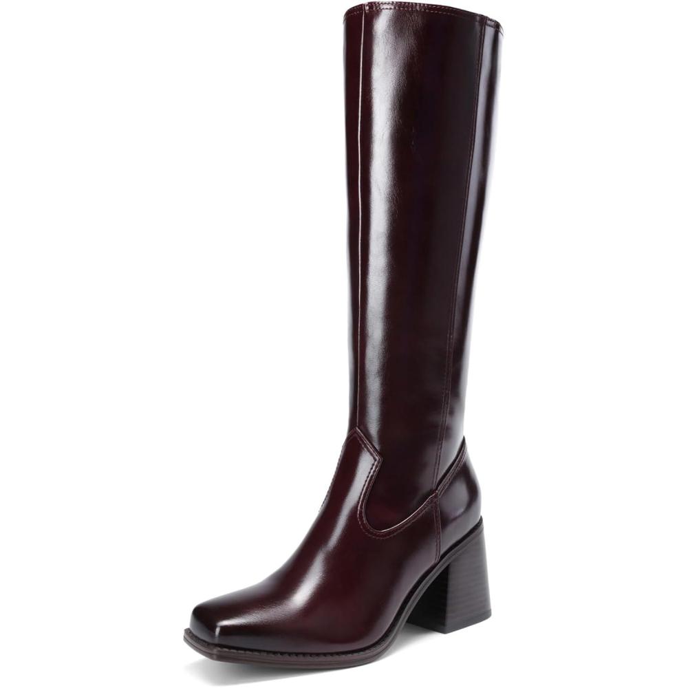 imageDREAM PAIRS Womens Knee High Boots Chunky Heel Square Toe Tall Boot for Women with Side ZipperBurgundy