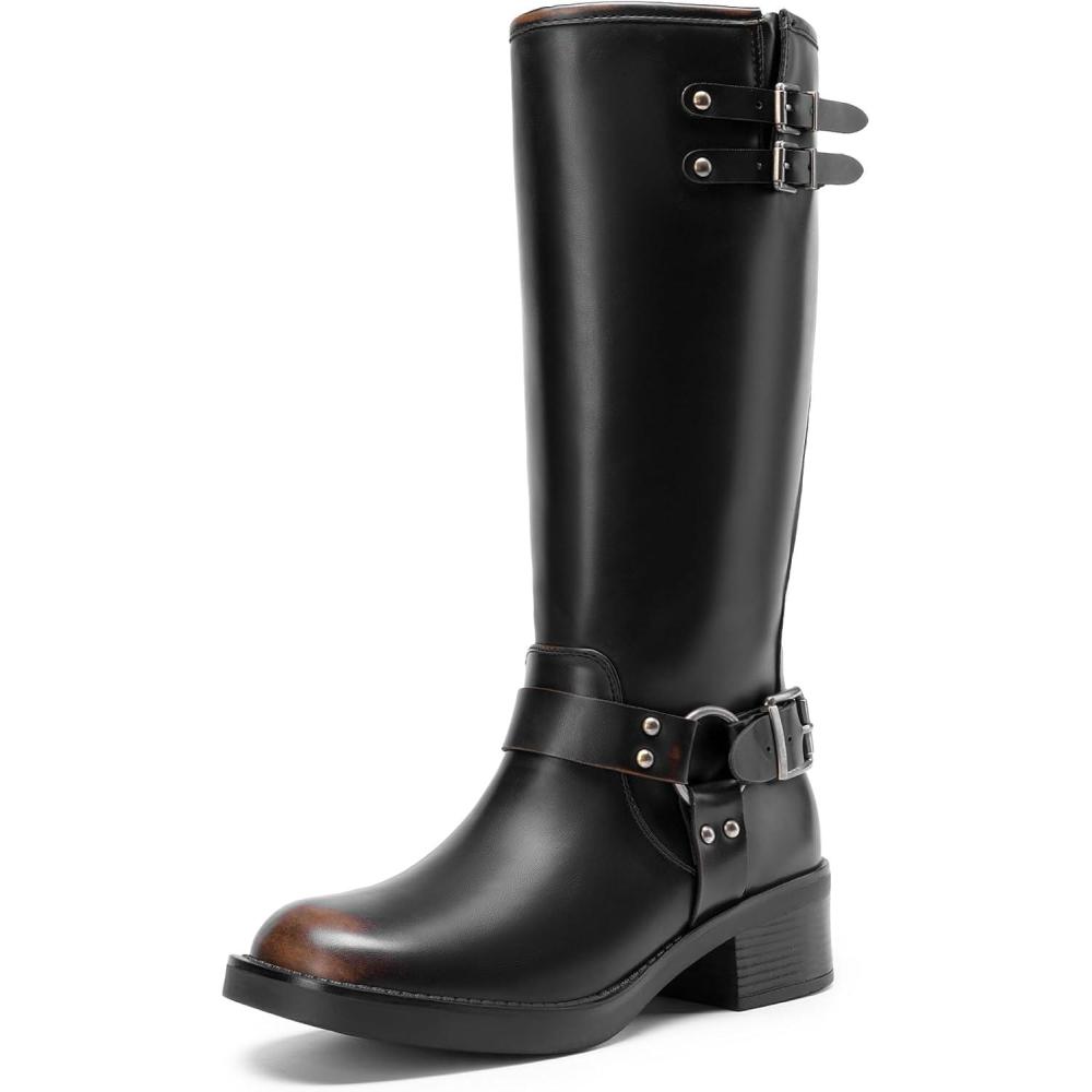 imageDREAM PAIRS Womens Knee High Boots Side Zipper Motorcycle Boots Square Toe Chunky Low Heel Fashion Buckles Biker Riding BootsBlackBrown