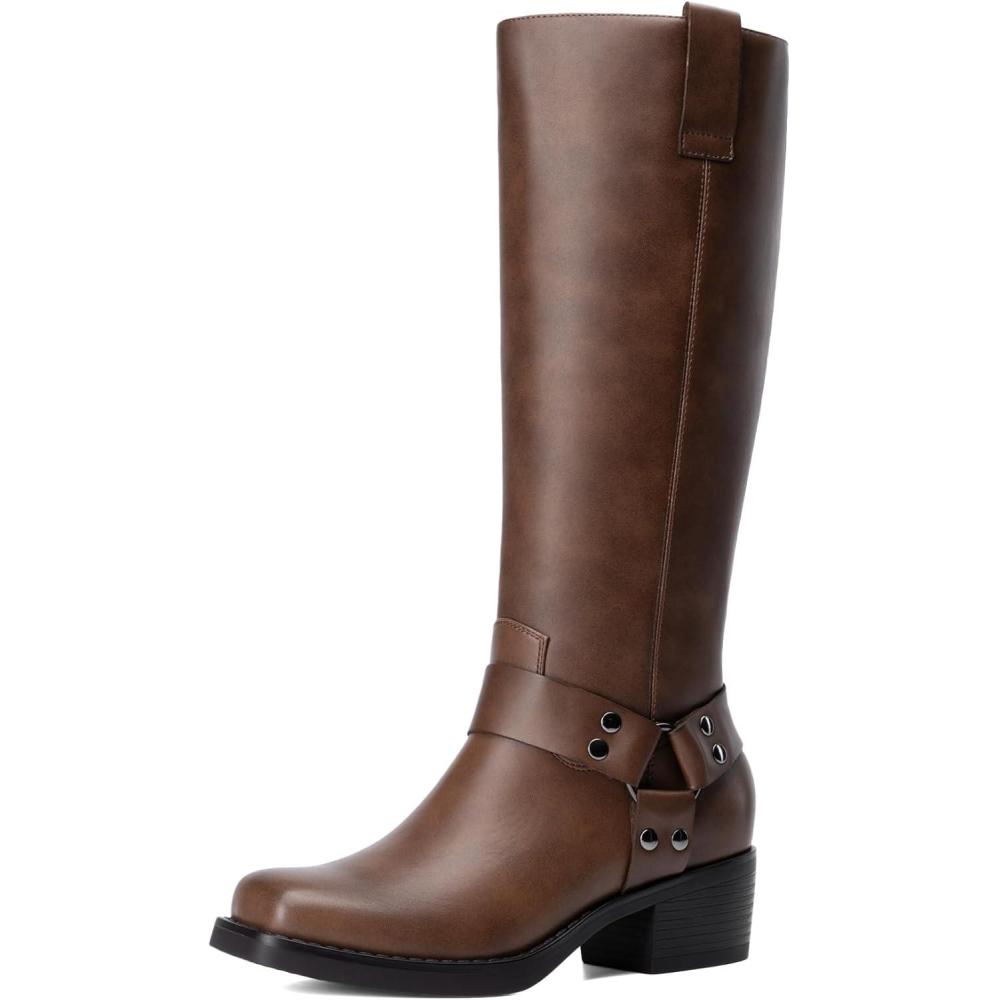 imageDREAM PAIRS Womens Square Toe Knee High Boots Motorcycle Riding Pullon Fashion Long Biker Boots for WomenTan