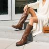 DREAM PAIRS Women’s Knee High Boots Side Zipper Motorcycle Boots Square Toe Chunky Low Heel Fashion Buckles Biker Riding Boots(Tan-pu)