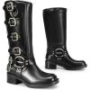 DREAM PAIRS Women’s Knee High Riding Boots Slip On Motorcycle Boots Square Toe Chunky Heel Fashion Buckles Biker Boots
