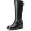 DREAM PAIRS Women’s Knee High Boots Side Zipper Motorcycle Boots Square Toe Chunky Low Heel Fashion Buckles Biker Riding Boots(Black-pu)