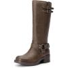DREAM PAIRS Women’s Knee High Boots Side Zipper Motorcycle Boots Square Toe Chunky Low Heel Fashion Buckles Biker Riding Boots(Brown-nubuck)