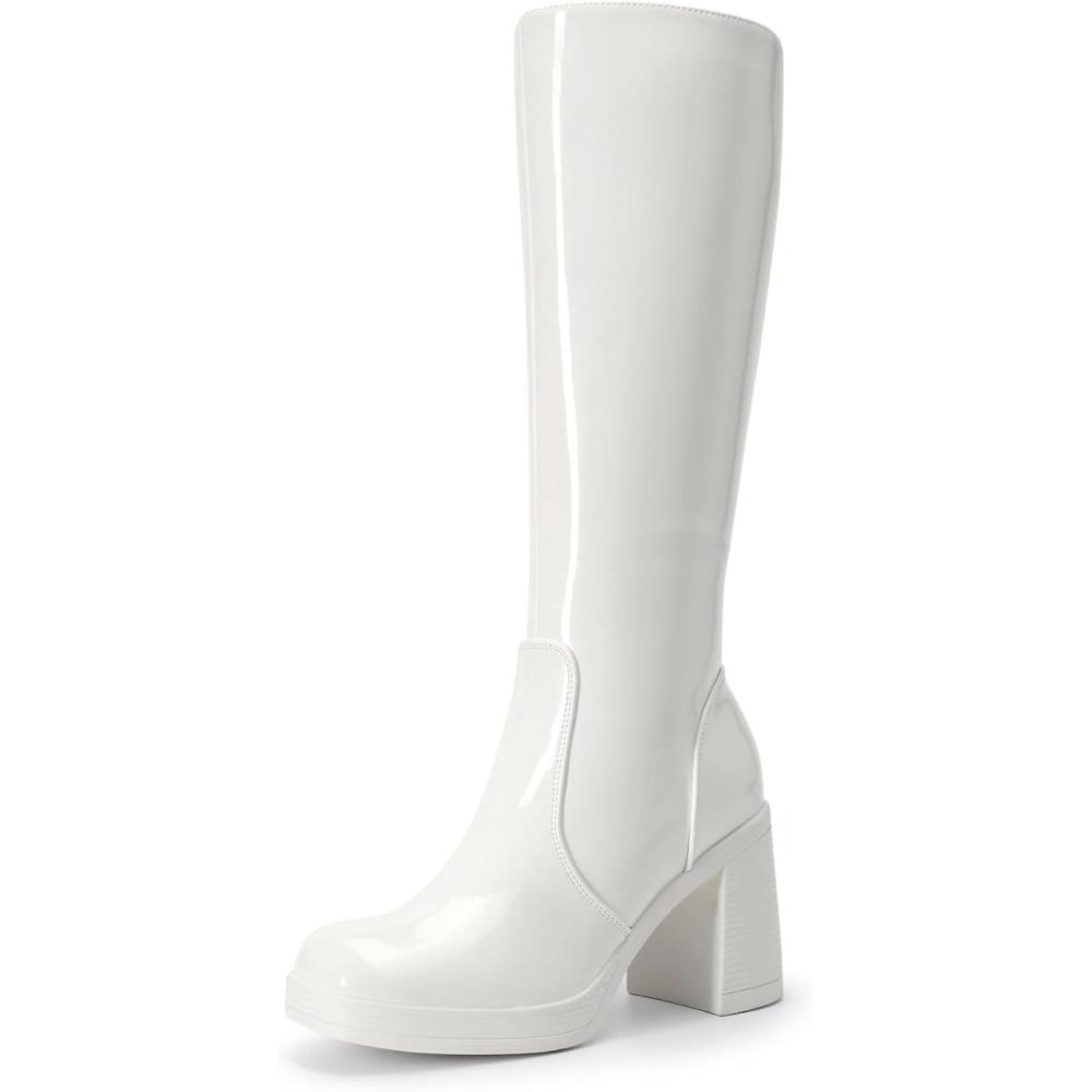 imageDREAM PAIRS Knee High Boots for Women Platform Square Toe Chunky Block Heeled Gogo Boots with Side ZipperWhitepat