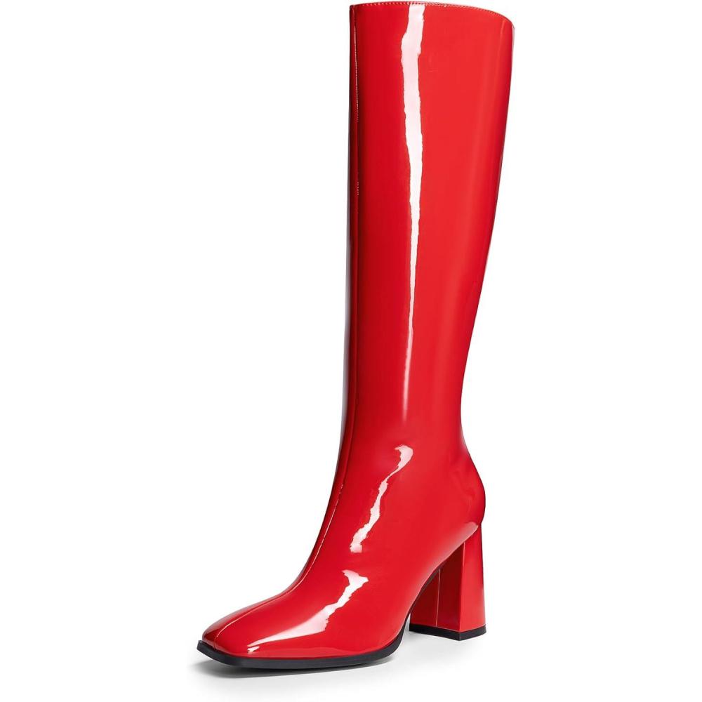imageDREAM PAIRS Knee High Boots for Women Square Toe Gogo Chunky Heel with Side ZipRedpat