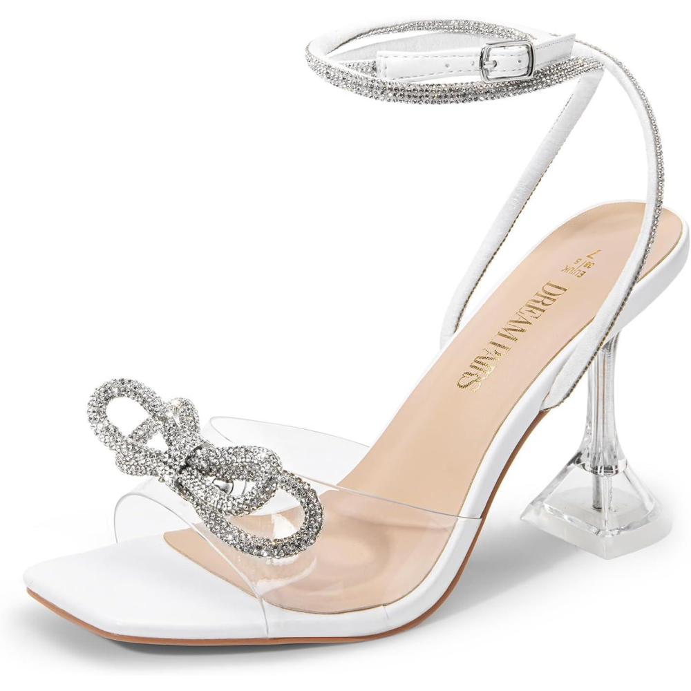 imageDREAM PAIRS Stiletto Bow Heels for Women Strappy Sparkly Rhinestone Square Toe Clear Crystal High Sandals for Party WeddingWhitepu