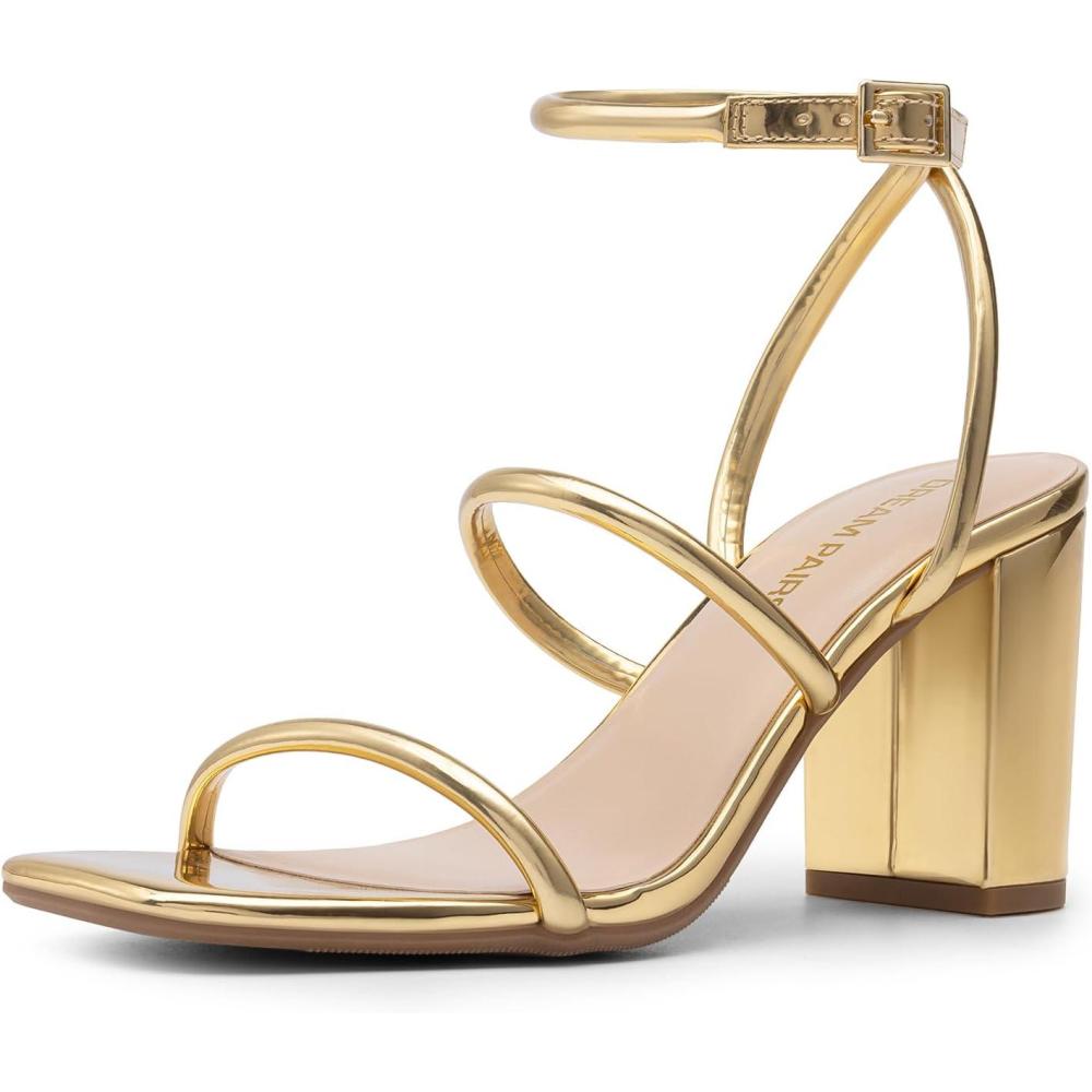 imageDREAM PAIRS Women Heels Chunky Square Open Toe Strappy Ankle Strap Block High Heeled Sandals for Dressy Wedding Comfortable ShoesGold