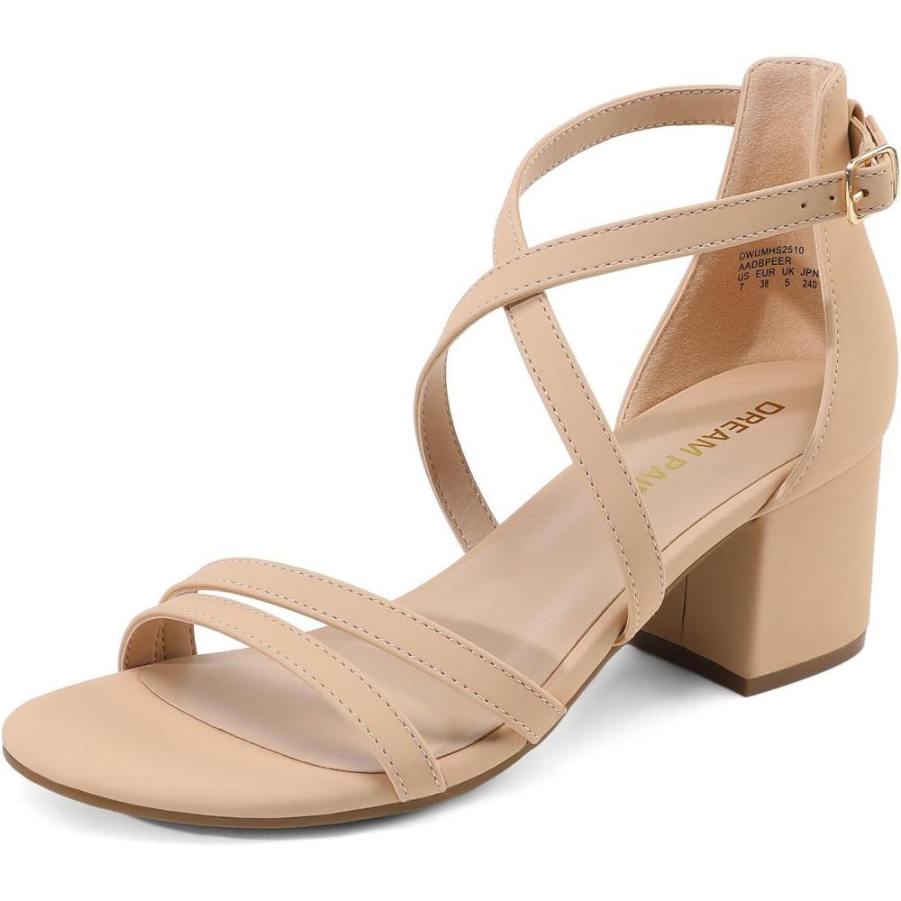 imageDREAM PAIRS Womens Ankle Strap Low Chunky Heels Open Toe Blocked Strappy Sandals Dress Shoes for Wedding Bridal PartyNudenubuck