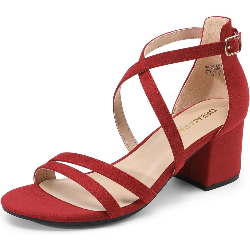 imageDREAM PAIRS Womens Ankle Strap Low Chunky Heels Open Toe Blocked Strappy Sandals Dress Shoes for Wedding Bridal PartyRed