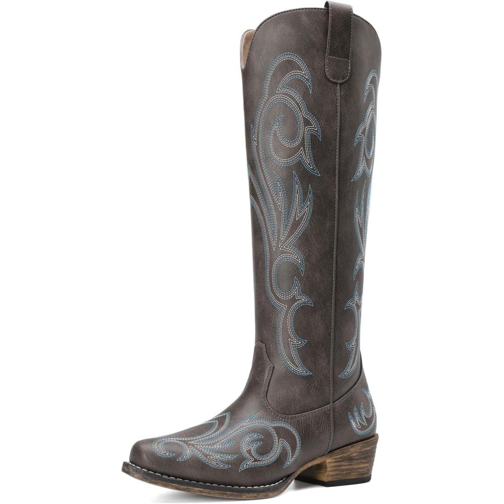 imageDREAM PAIRS Womens Cowboy Boots Comfortable Cowgirl Knee High Boots Pull On Side Zipper Chunky Heel Embroidered Western BootsDark Brown