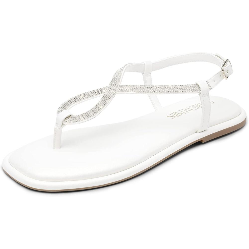 imageDREAM PAIRS Womens Flat Sandals Fashion Rhinestone Flat Sandals with Ankle Strap for Summers Dress CasualWhite
