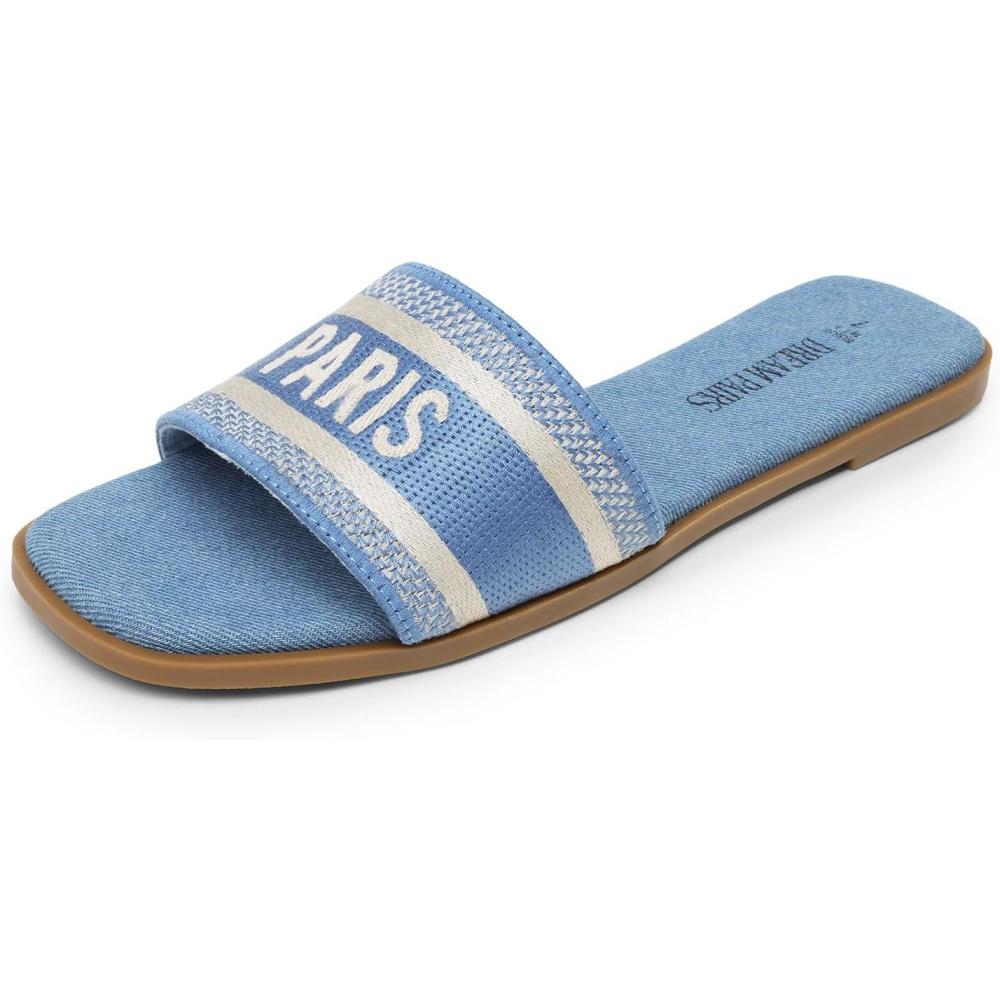 imageDREAM PAIRS Womens Flat Sandals Slip On Slides Sandals Square Open Toe Jacquard Braided Fashion Slides Casual Beach Slippers for SummerDenimcanvas