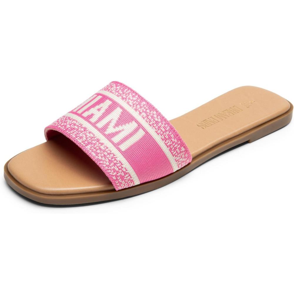 imageDREAM PAIRS Womens Flat Sandals Slip On Slides Sandals Square Open Toe Jacquard Braided Fashion Slides Casual Beach Slippers for SummerHot Pinkknit