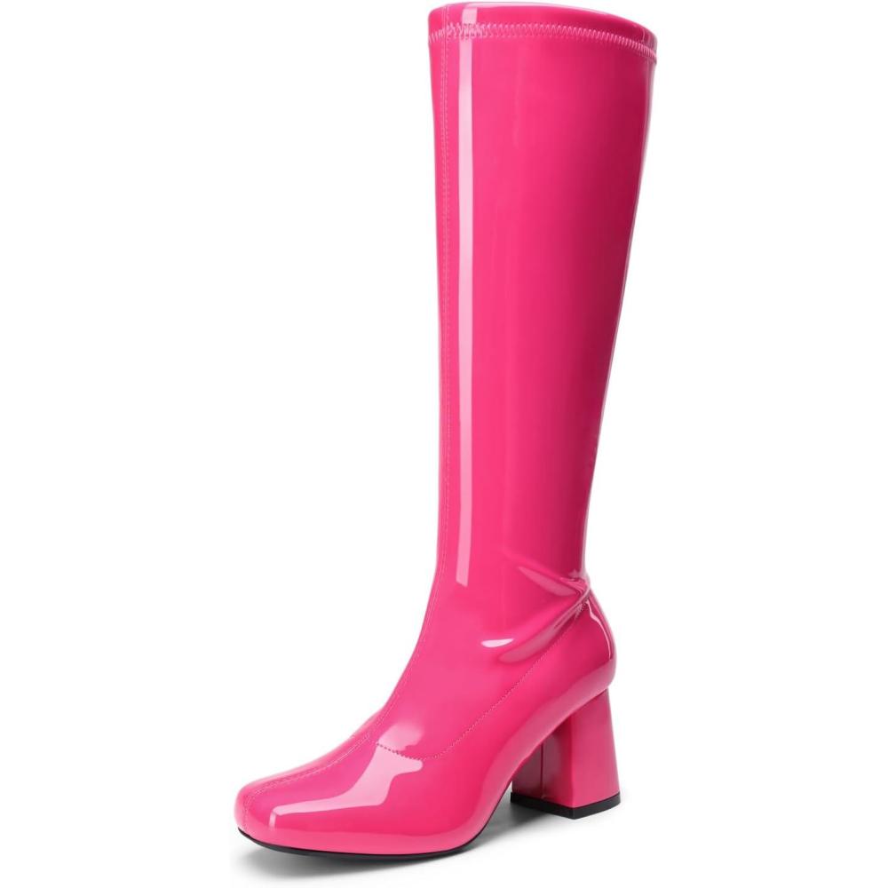 imageDREAM PAIRS Womens Gogo Boots Square Toe Chunky Wide Calf Knee High Boots For WomenHot Pinkpat