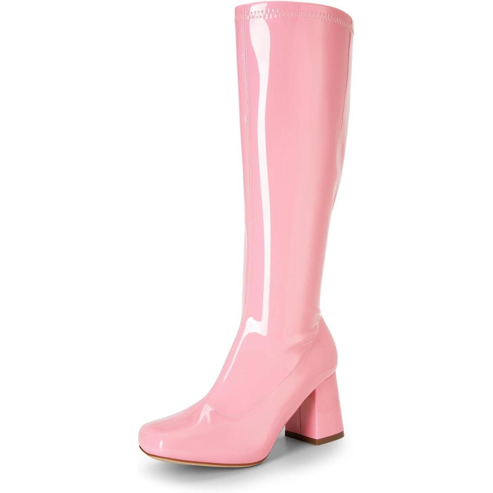 imageDREAM PAIRS Womens Gogo Boots Square Toe Chunky Wide Calf Knee High Boots For WomenPinkpat