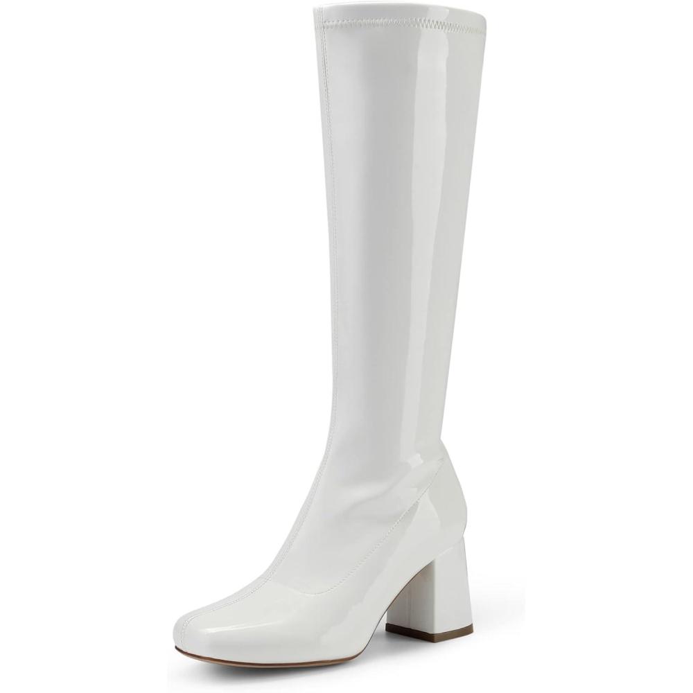 imageDREAM PAIRS Womens Gogo Boots Square Toe Chunky Wide Calf Knee High Boots For WomenWhitePatentPu