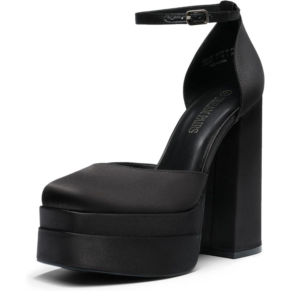 imageDREAM PAIRS Womens High Chunky Platform Closed Toe Block Heels Square Toe Ankle Strap Dress Wedding Party Pumps Shoes AureliaBlacksatin
