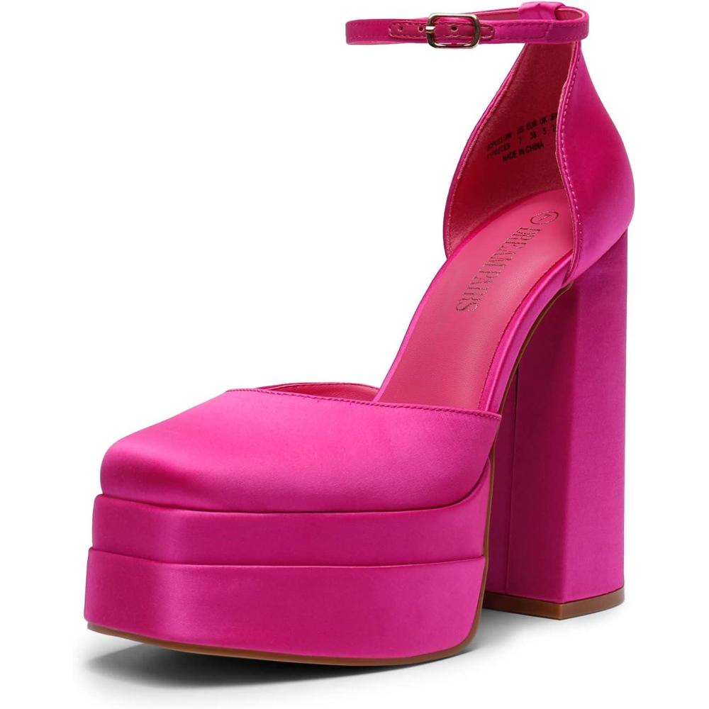 imageDREAM PAIRS Womens High Chunky Platform Closed Toe Block Heels Square Toe Ankle Strap Dress Wedding Party Pumps Shoes AureliaRose Redsatin