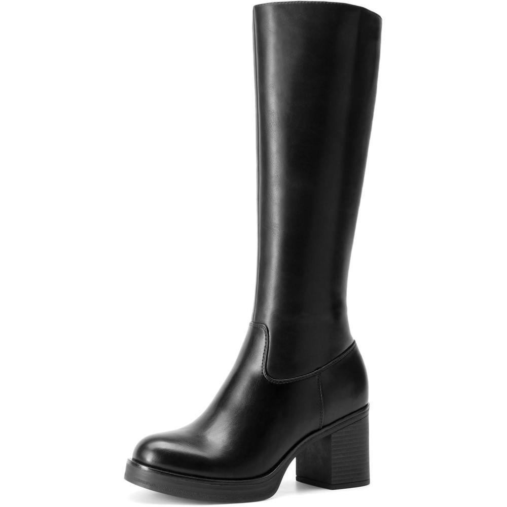 imageDREAM PAIRS Womens Knee High Boots Chunky Platform Heel Round Toe Boots for Women Side Zipper Stylish Comfortable Tall BootsBlack