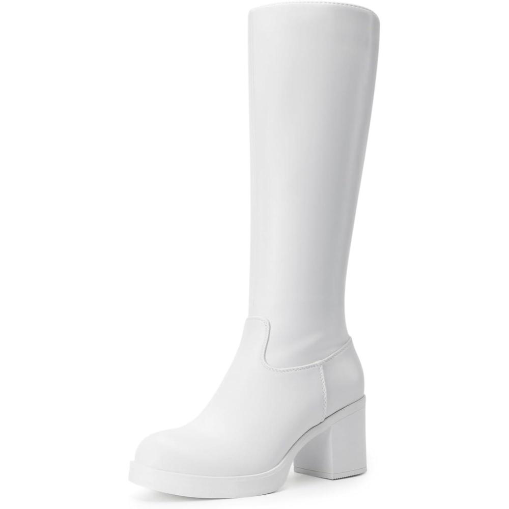 imageDREAM PAIRS Womens Knee High Boots Chunky Platform Heel Round Toe Boots for Women Side Zipper Stylish Comfortable Tall BootsWhite