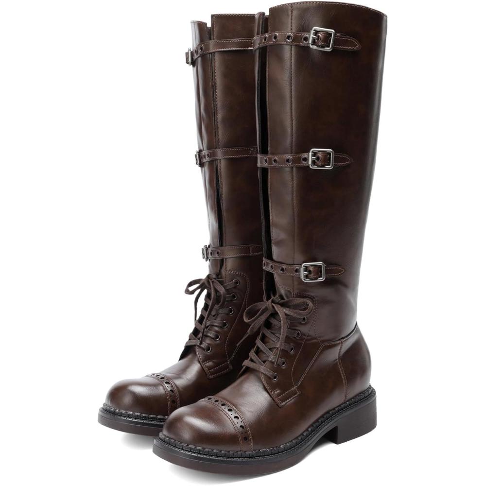 imageDREAM PAIRS Womens Knee High Boots Combat Boots Adjustable Straps Lace Up Buckles Chunky Low Heel Fall Booties with Side Zipper to Put on and offBrown