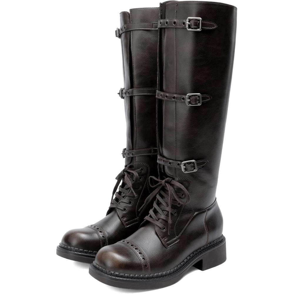 imageDREAM PAIRS Womens Knee High Boots Combat Boots Adjustable Straps Lace Up Buckles Chunky Low Heel Fall Booties with Side Zipper to Put on and offDark Brown