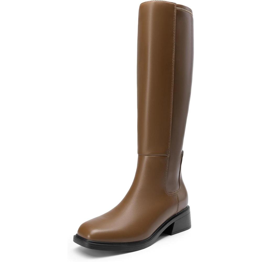 imageDREAM PAIRS Womens Knee High Boots Square Toe Low Block Heel Casual Comfort Riding Long Boots with Side ZipperKhaki