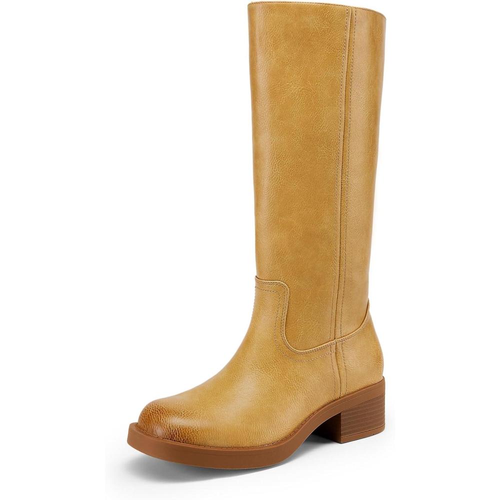 imageDREAM PAIRS Womens Knee High Boots Square Toe Platform Chunky Block Heel Banana Campus Boots for Women Comfortable Low Heel Side Zipper Womens Riding Tall BootsYellow