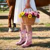 DREAM PAIRS Girls Cowgirl Boots Kids Mid Calf Western Boots Flower Cowboy Boots Square Toe Riding Shoes for Toddler/Little Kid/Big Kid(Pink)