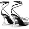 DREAM PAIRS Stiletto Bow Heels for Women Strappy Sparkly Rhinestone Square Toe Clear Crystal High Sandals for Party Wedding(Black-pu)
