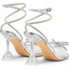 DREAM PAIRS Stiletto Bow Heels for Women Strappy Sparkly Rhinestone Square Toe Clear Crystal High Sandals for Party Wedding(Silver-pu)