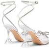 DREAM PAIRS Stiletto Bow Heels for Women Strappy Sparkly Rhinestone Square Toe Clear Crystal High Sandals for Party Wedding(White-pu)