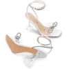 DREAM PAIRS Stiletto Bow Heels for Women Strappy Sparkly Rhinestone Square Toe Clear Crystal High Sandals for Party Wedding(White-pu)