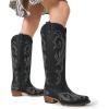 DREAM PAIRS Womens Cowboy Boots Comfortable Cowgirl Knee High Boots Pull On Side Zipper Chunky Heel Embroidered Western Boots(Black)