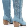 DREAM PAIRS Womens Cowboy Boots Wide Calf Comfortable Pull On Zipper Chunky Heel Pointed Toe Embroidered Western Cowgirl Knee High Boots Girls Ladies Retro Tall Boot(Denim Blue)
