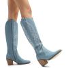 DREAM PAIRS Womens Cowboy Boots Wide Calf Comfortable Pull On Zipper Chunky Heel Pointed Toe Embroidered Western Cowgirl Knee High Boots Girls Ladies Retro Tall Boot(Denim Blue)