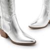 DREAM PAIRS Womens Cowboy Boots Wide Calf Comfortable Pull On Zipper Chunky Heel Pointed Toe Embroidered Western Cowgirl Knee High Boots Girls Ladies Retro Tall Boot(Metallic Silver)