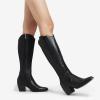 DREAM PAIRS Womens Cowboy Boots Wide Calf Comfortable Pull On Zipper Chunky Heel Pointed Toe Embroidered Western Cowgirl Knee High Boots Girls Ladies Retro Tall Boot(Black/Pu)