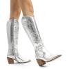 DREAM PAIRS Womens Cowboy Boots Wide Calf Comfortable Pull On Zipper Chunky Heel Pointed Toe Embroidered Western Cowgirl Knee High Boots Girls Ladies Retro Tall Boot(Metallic Silver)