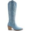 DREAM PAIRS Womens Cowboy Boots Wide Calf Comfortable Pull On Zipper Chunky Heel Pointed Toe Embroidered Western Cowgirl Knee High Boots Girls Ladies Retro Tall Boot(Denim Blue)