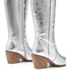 DREAM PAIRS Womens Cowboy Boots Wide Calf Comfortable Pull On Zipper Chunky Heel Pointed Toe Embroidered Western Cowgirl Knee High Boots Girls Ladies Retro Tall Boot(Metallic Silver)