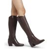 DREAM PAIRS Womens Cowboy Boots Wide Calf Comfortable Pull On Zipper Chunky Heel Pointed Toe Embroidered Western Cowgirl Knee High Boots Girls Ladies Retro Tall Boot(Brown/Pu)