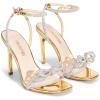 DREAM PAIRS Women’s Double Bowknots Crystal Sandals Clear Slingback Heels Square Toe Shoes for Party Wedding(Gold-pat)