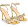 DREAM PAIRS Women’s Double Bowknots Crystal Sandals Clear Slingback Heels Square Toe Shoes for Party Wedding(Gold-rhinestone)