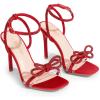 DREAM PAIRS Women’s Double Bowknots Crystal Sandals Clear Slingback Heels Square Toe Shoes for Party Wedding(Red-satin)