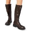 DREAM PAIRS Women’s Knee High Boots Combat Boots Adjustable Straps Lace Up Buckles Chunky Low Heel Fall Booties with Side Zipper to Put on and off(Brown)