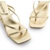 DREAM PAIRS Women’s kitten Low Strappy Lace Up Heels Open Square Toe Thong Ankle Strap Heels Sexy Fashion Comfort Dress Shoes Party Sylvestra Pumps Heeled Sandals(Gold-pu)