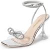 DREAM PAIRS Stiletto Bow Heels for Women Strappy Sparkly Rhinestone Square Toe Clear Crystal High Sandals for Party Wedding(Silver-pu)